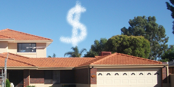 dollar sign floating over roofs to indicate increased home improvement spending