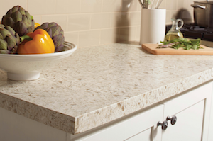 Kitchen countertop application of Daltile's One Quartz solid surfacing.