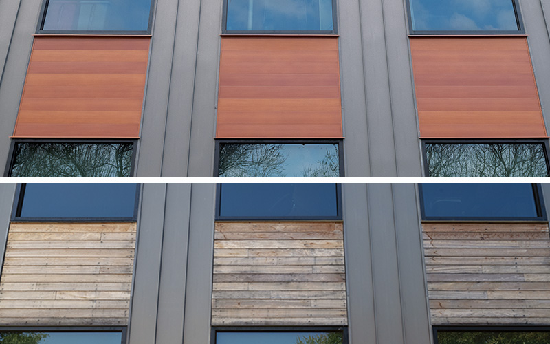 Horizontal side by side comparison of three sections of a building façade with windows above and below, top image shows warm orange metal wood panels have replaced the bottom image original warped and water damaged wood siding.