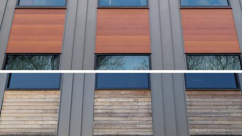 Horizontal side by side comparison of three sections of a building façade with windows above and below, top image shows warm orange metal wood panels have replaced the bottom image original warped and water damaged wood siding.
