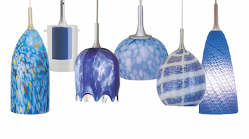 A sampling of Nora Lighting's wide variety of blue-glass pendant styles.