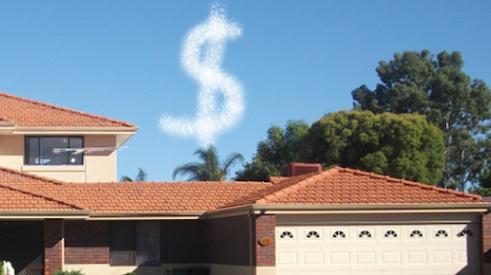 dollar sign floating over roofs to indicate increased home improvement spending